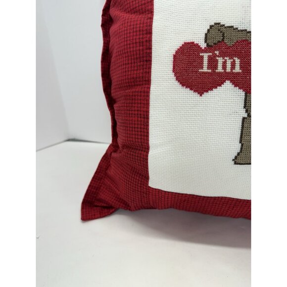 Vintage Cross Stitch Red Throw Pillow Teddy Bear “I’m Sleeping” Nursery 16” - Picture 5 of 8